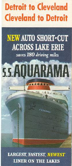 Aquarama Facts (from 1952): 520 ft. long 71 ft. 6 in. beam, 9 decks high. Displaces 10,600 tons, 10,000 horsepower � oil fired, turbine propelled, single screw. Cruising speed 22 mph. All-steel construction, fire-resistant furnishing. Radio, gypo pilot, radio-direction-finder, ship-to-shore phone, closed circuit television. Accommodations for 2,500 passengers. Two decks for auto transport.