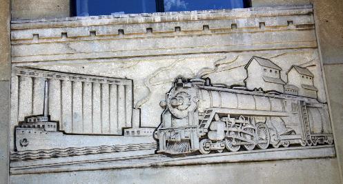 One of the architectural friezes depicting the importance of the railroad in the development of Hamilton. 