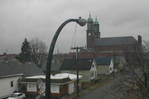 The view from the second floor of Strus': Corpus Christi Church & Sears Street.