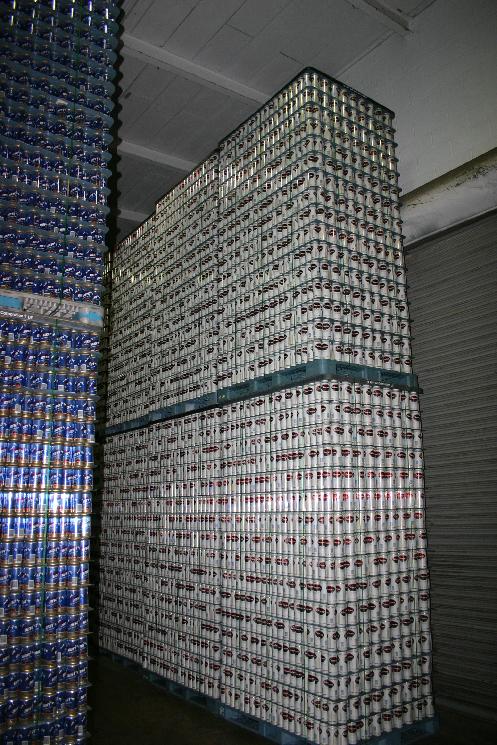 A two story wall of Genesee cans